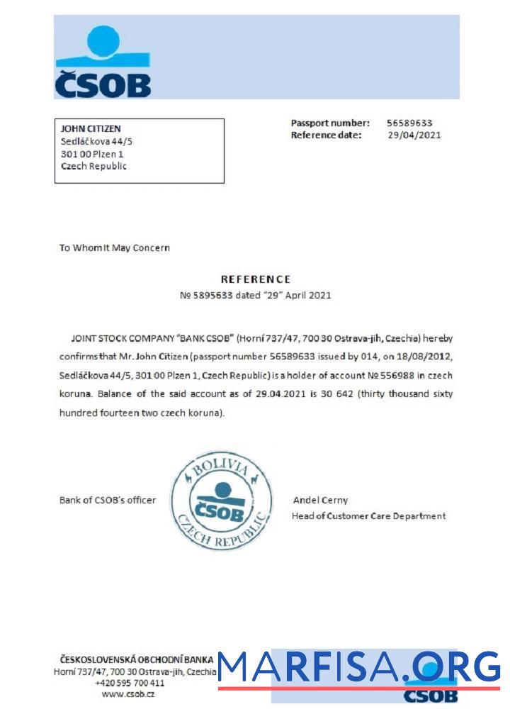 Printable Czech Republic CSOB reference example